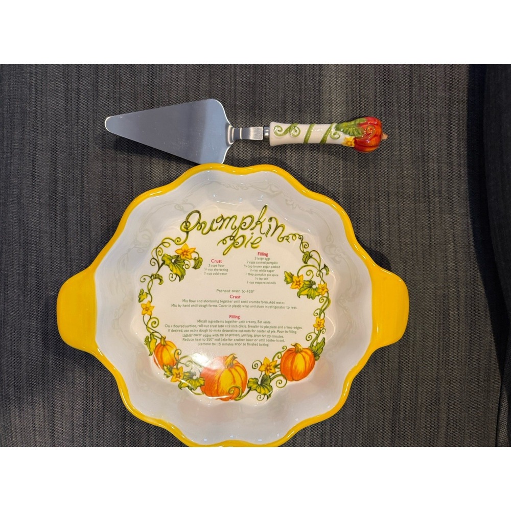 Temptations Fall‎ Pumpkin Pie Ceramic Dish pan 9" recipe on the pan! New in box